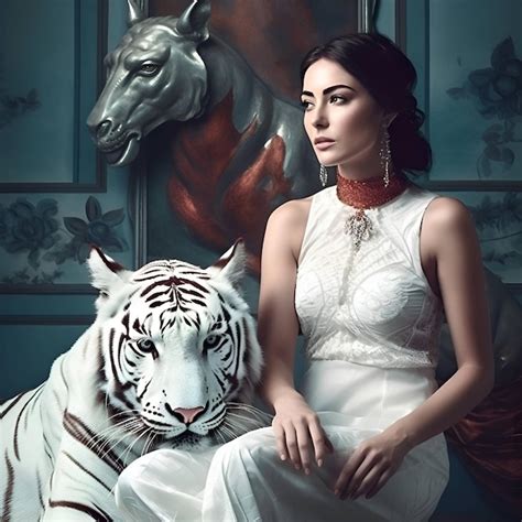 Premium AI Image Portrait Of A Beautiful Brunette Woman With A White Tiger