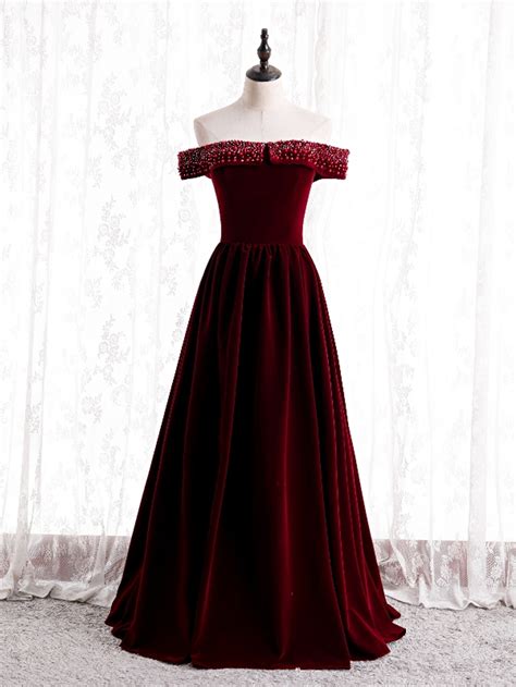 Burgundy Satin Off The Shoulder Beading Prom Dress