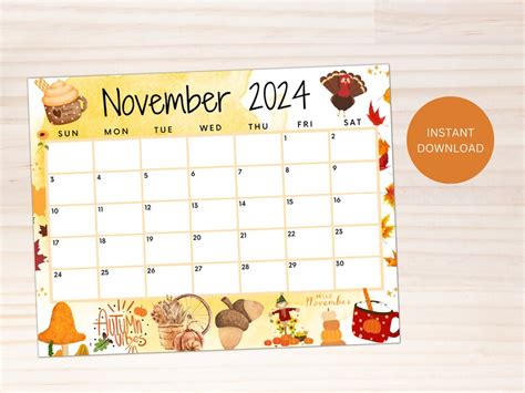 Editable November 2024 Calendar Printable Wall Calendar 2024 Fall