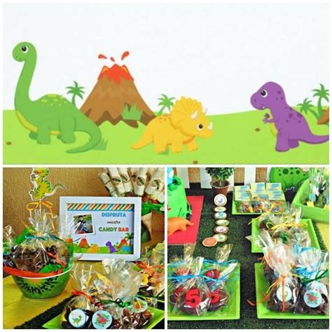 A Dinosaur Birthday Party With Food And Decorations