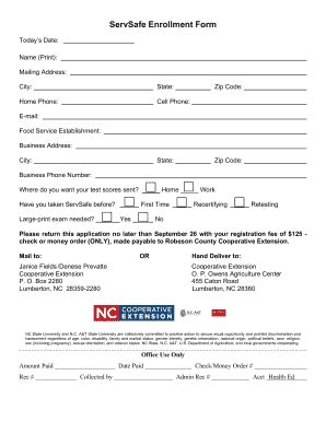 Fillable Online Robeson Ces Ncsu ServSafe Enrollment Form Robeson Ces