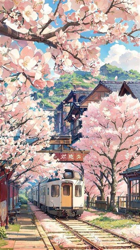 a train is traveling down the tracks near some cherry blossom trees and ...