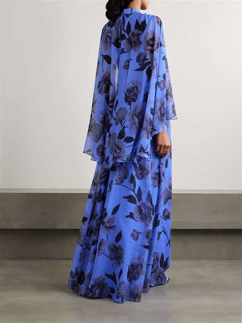 Blue Pussy Bow Gathered Floral Print Silk Voile Gown ERDEM NET A PORTER