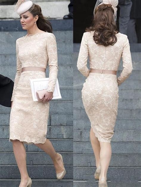 Kate Middleton Modest Lace Party Dresses With Jewel Neck Long Sleeves Champagne Knee Lengt