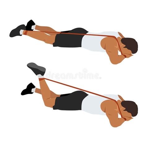 Man Doing Prone Or Lying Resistance Band Knee Bends Exercise Stock