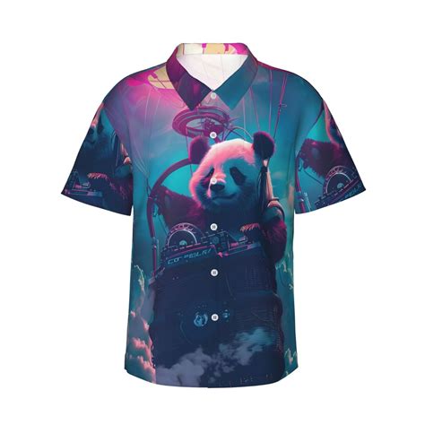Logiee DJ Panda Hot Air Balloon Print Mens Hawaiian Shirts Loose Fit Short Sleeve Button Down