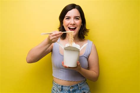 Cheerful Woman Eating Ramen Stock Image Image Of Portrait Delicious