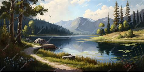 Premium Photo | Aweinspiring panoramic oil painting of nature landscape