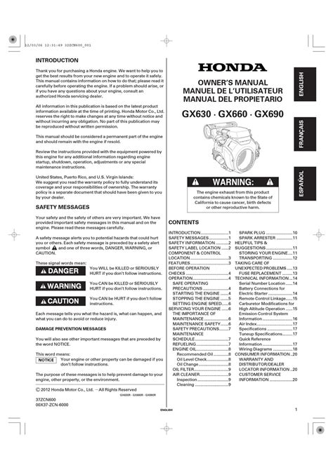 Honda Gx630 Owner S Manual Pdf Download Manualslib