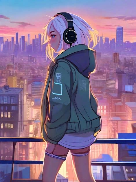 Premium Ai Image Anime Girl With Headphones And Jacket Finds Tranquility On Rooftop