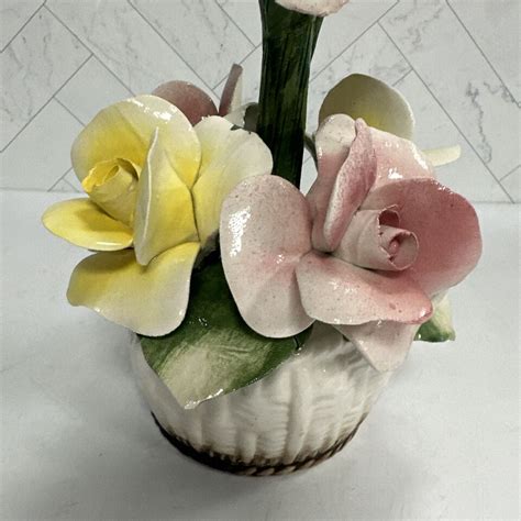 Vintage Capodimonte Porcelain Flower Basket Centerpiece Pink Yellow