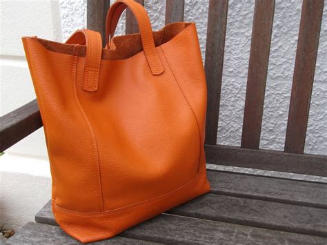 Orange Hand Made Leather Shopper Tote Casual Bag By Kimskrafts2 On Etsy