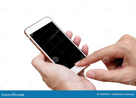 Human Hand Holding White Phone On Black Screen Isolated With Clipping