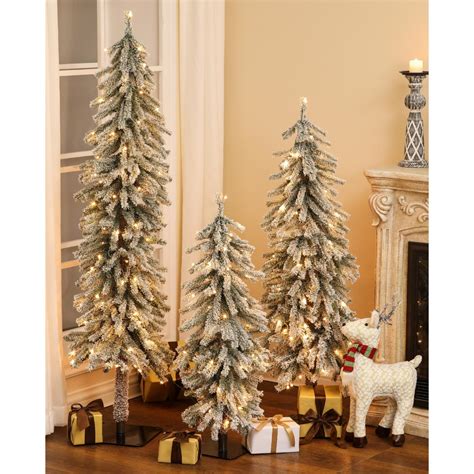 LuxenHome Pre-Lit LED Flocked Fir Slim Artificial Christmas Trees – Set ...