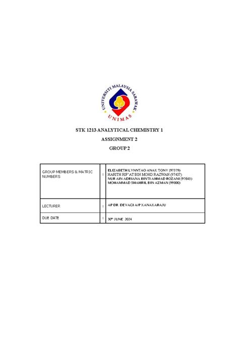 Assignment 2 ANAL CHEM Answer For Anal Hem STK 1213 ANALYTICAL CHEMISTRY 1 ASSIGNMENT 2