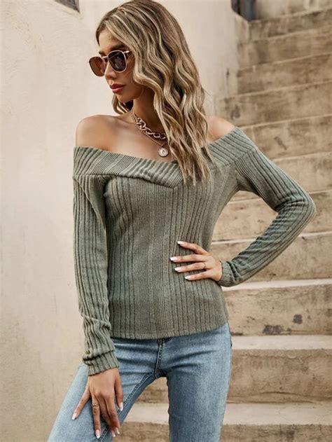 Off Shoulder Ribbed Knit Tee ⋆ Womens Store