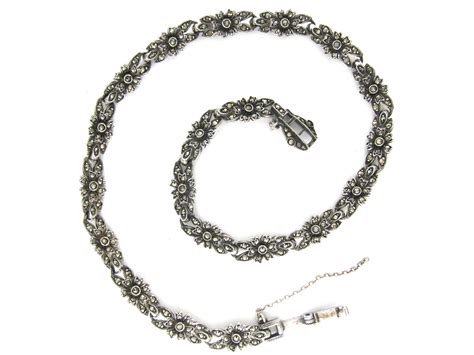 Art Deco Silver And Marcasite Flowers Necklace 391c The Antique