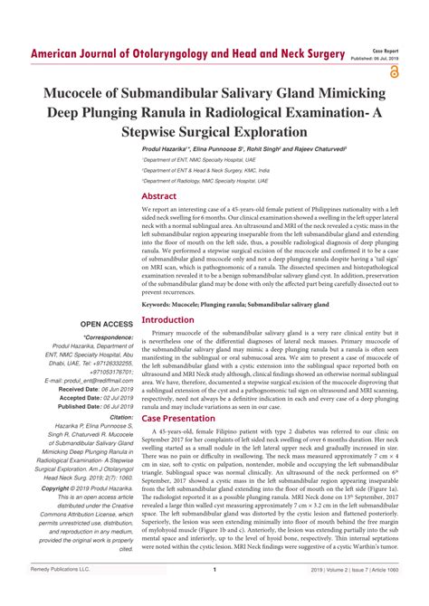 Pdf Mucocele Of Submandibular Salivary Gland Mimicking Deep Plunging