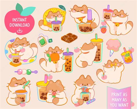 Cute Kawaii Printable Digital Stickers Clipart Rainbow Chonky Boba Cat