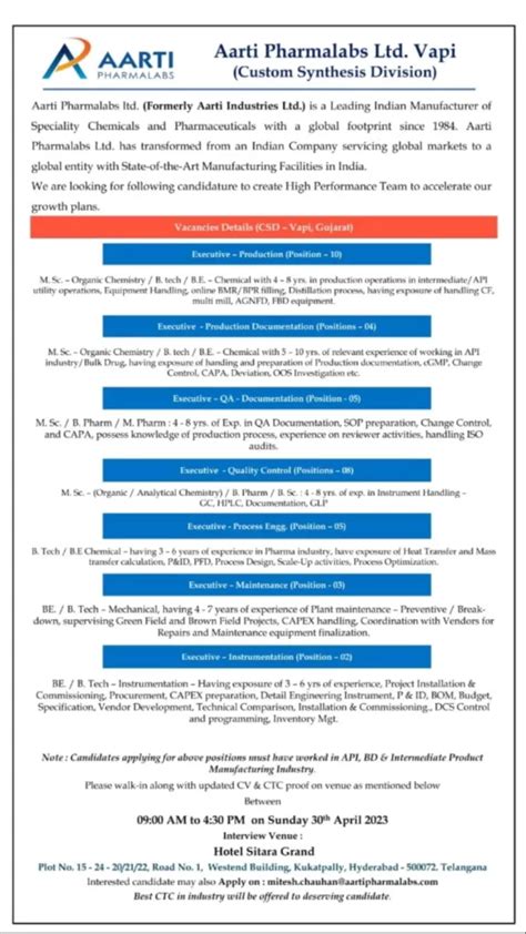 Aarti Pharmalabs Limited Walk Ins For Production Qc Qa