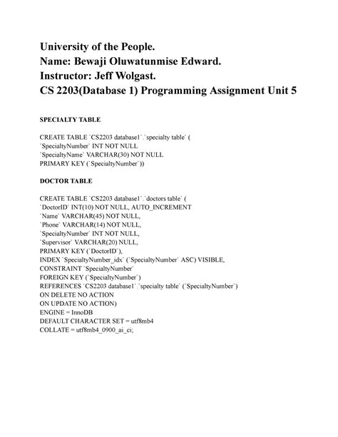 CS 2203 Database 1 Programming Assignment Unit 5 CS 2203 UoPeople