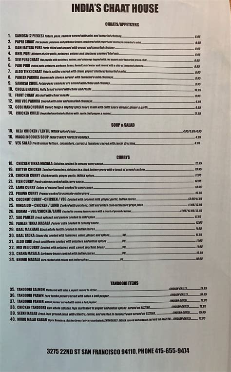 Menu At India S Chaat House Restaurant San Francisco