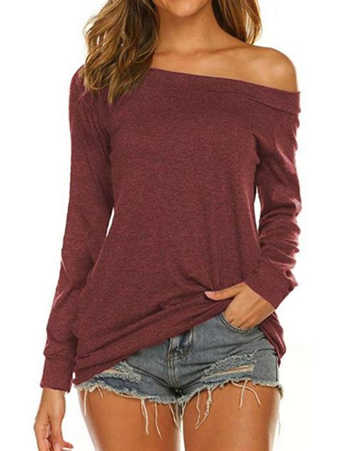 Women Blouse Burgundy Long Sleeves Cotton Blend Bateau Neck Casual T