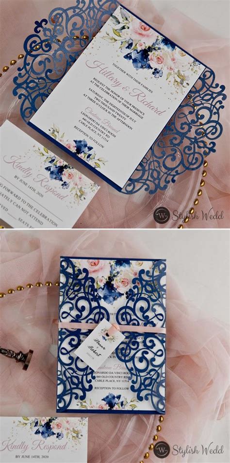 Romantic Navy Blue And Pink Floral Laser Cut Wedding Invitations