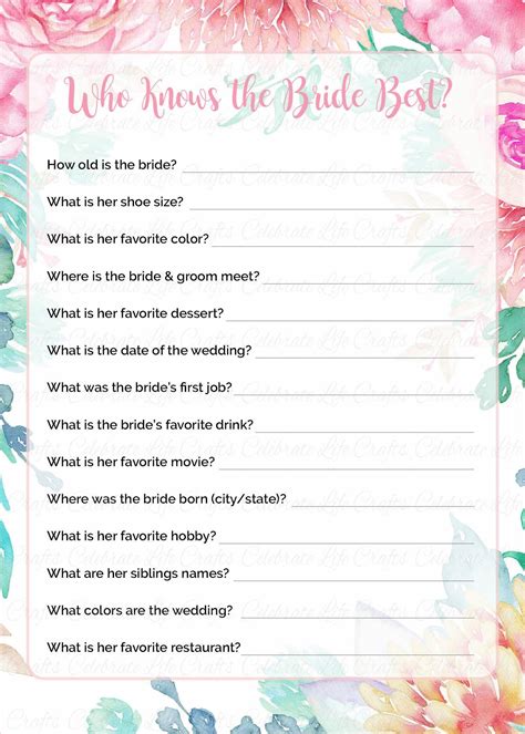 Who Knows The Bride Best Game Printable Download Pink Floral Bridal