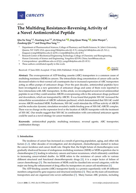 Pdf The Multidrug Resistance Reversing Activity Of A Novel Antimicrobial Peptide