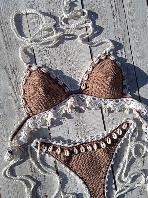Crochet Bikini Set High Hip In Tan Bronze With Lace Edgings Etsy