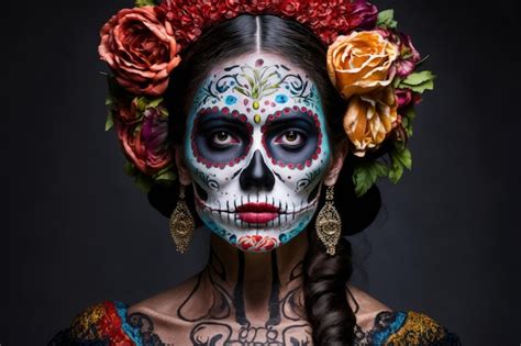 Retrato De Una Mujer Vestida Con Un Disfraz De Calavera Mexicana Del