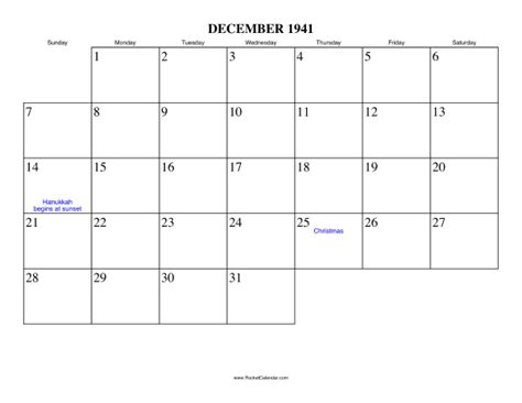 December 1941 Calendar