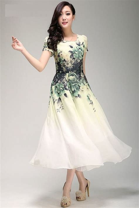 Green Floral Chiffon Dress Tea Length Dress With Short Sleeves Print