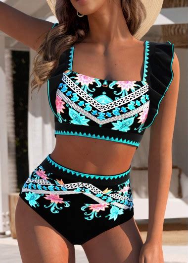 Circular Ring Mid Waisted Tribal Print Black Bikini Set Modlily USD
