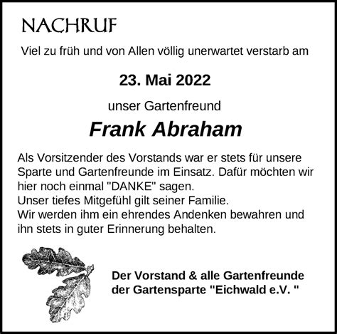 Traueranzeigen von Frank Abraham Märkische Onlinezeitung Trauerportal