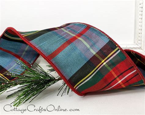 Christmas Wired Ribbon Dusty Blue Red Green Faux Dupioni Tartan