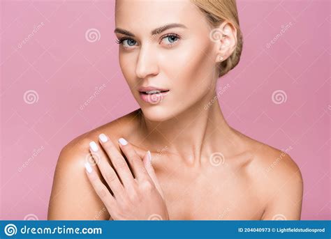 View Of Beautiful Blonde Woman Isolated Stock Image Image Of Pink Model