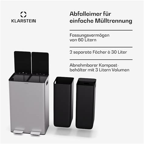 Klarstein EcoVista Mülleimer 60 Liter + 3L Kompostbehälter Soft-Close ...