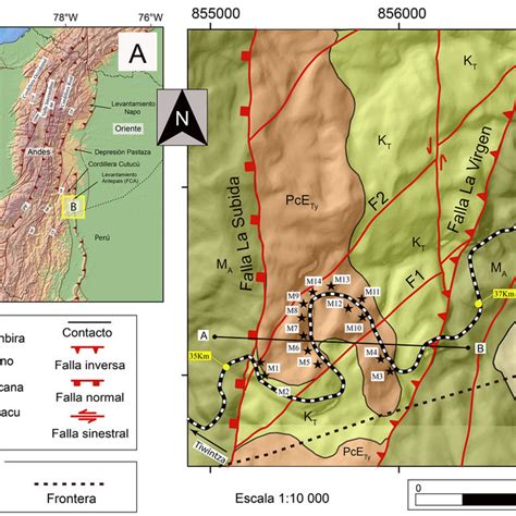 Mapa de ubicación de la zona de estudio A Esquema tectónico del