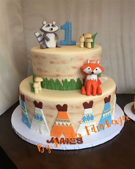 Woodland Creatures 1st Birthday 2 Tier Cake Featuring Fox And Raccoon