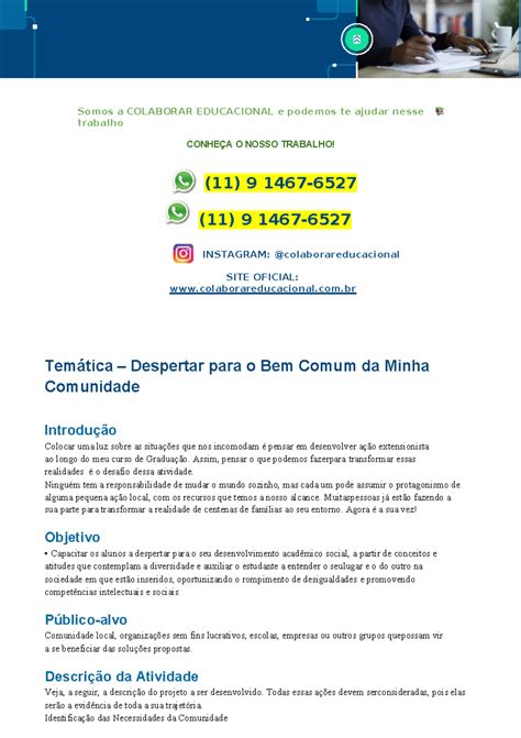 Temática Despertar para o Bem Comum da Minha Comunidade Proposta da