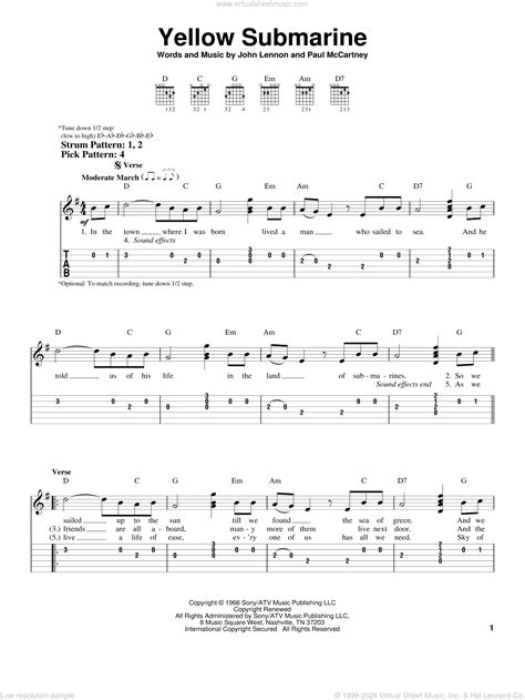 Yellow Submarine Sheet Music For Guitar Solo Easy Tablature V2