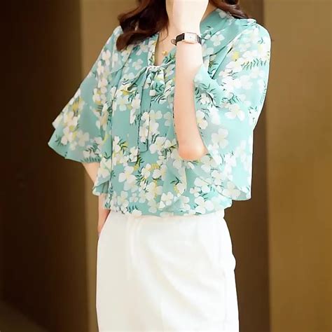 Jual Tianshun Fashion Korean Chiffon Floral Sleeve Shirts Pink Blue