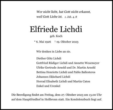 Traueranzeigen Von Elfriede Lichdi Trauerundgedenken De