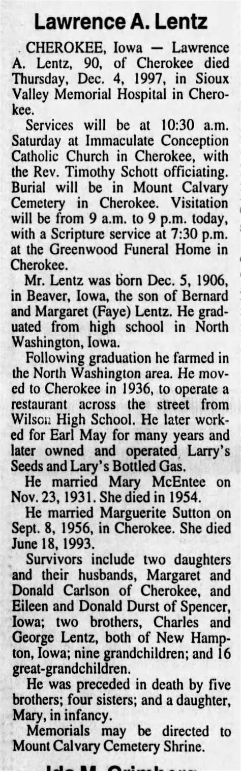 Larry Lentz Obit Aged 90 Years