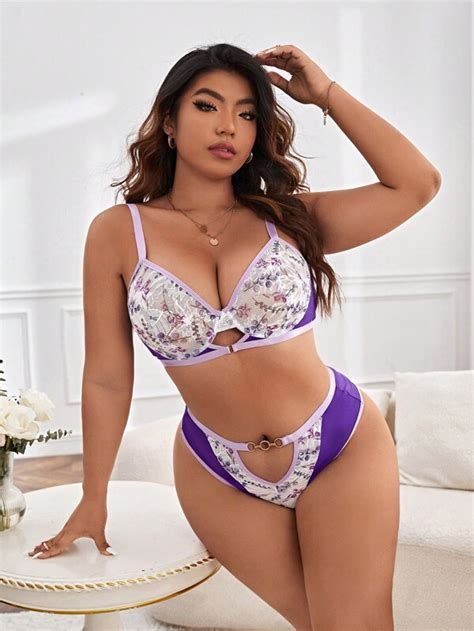 Plus Floral Lace Ring Linked Underwire Lingerie Set Shein Usa