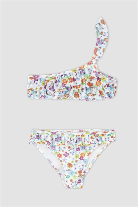 Ok Renkli K Z Ocuk Gen K Z K Z Ocuk Desenli Tek Omuzlu Bikini Tak M Defacto