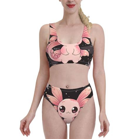 Logiee Cute Axolotl Sakura Blossoms B Print Women S 2 Piece Bikini Set Halter Bathing Suit High