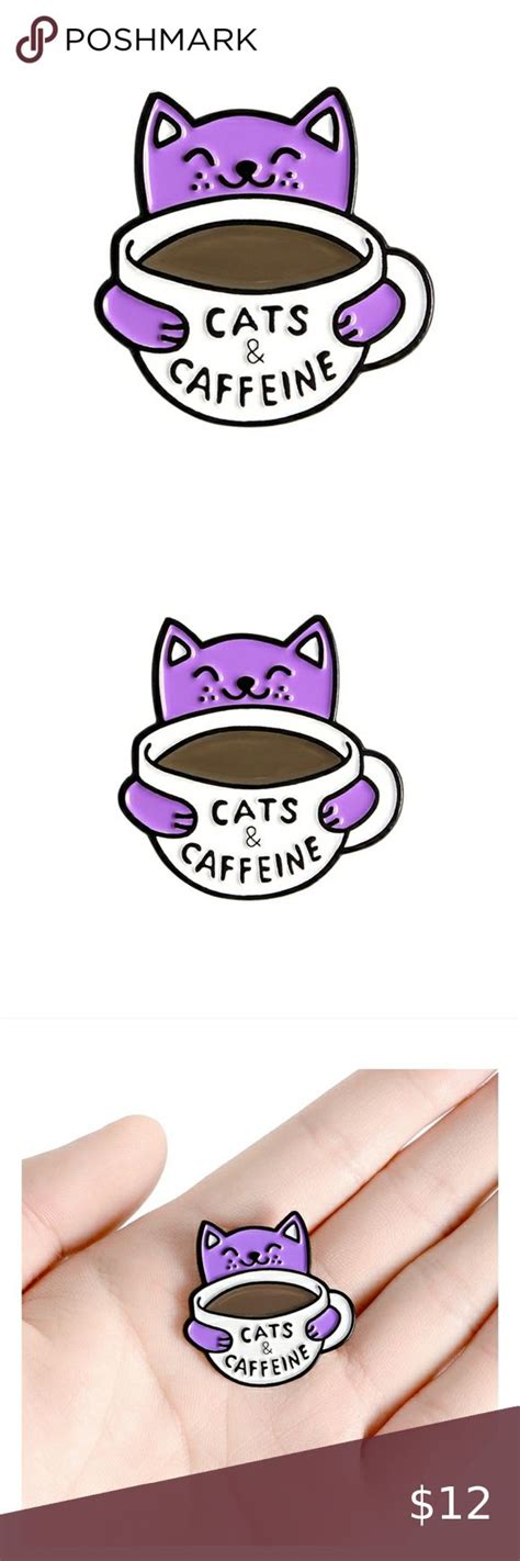 Cats Caffeine Coffee Enamel Pin Brooch Purple Cat A Coffee Cup